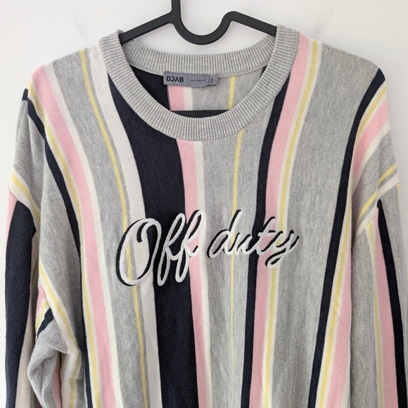 Djab By Simons Striped Knit Sweater with 'Off Duty' Embroidery ~ Size Medium - Picture 3 of 9
